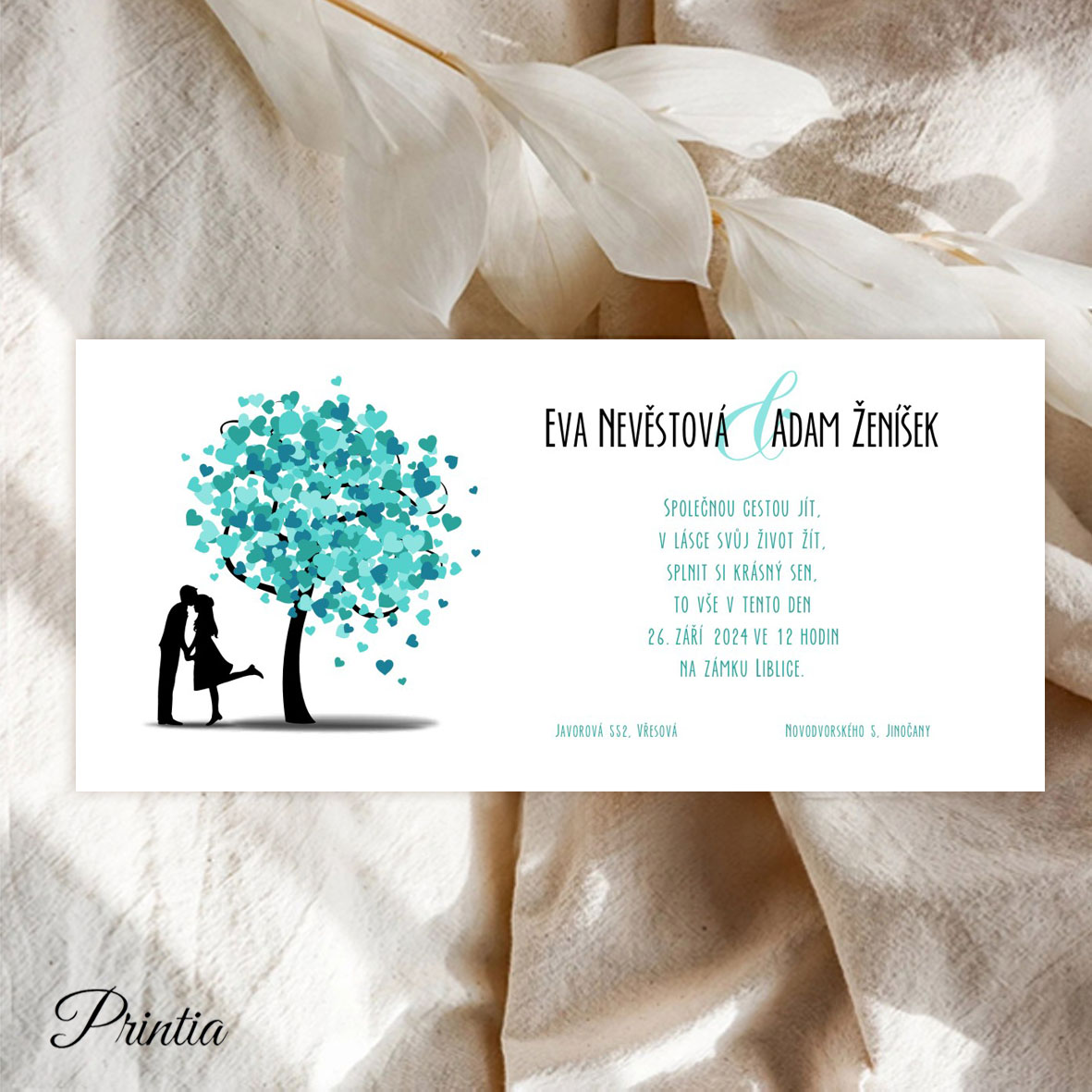 Wedding invitation with a tree with turquoise hearts