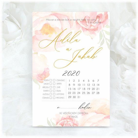 Calendar wedding invitation with watercolor flowers