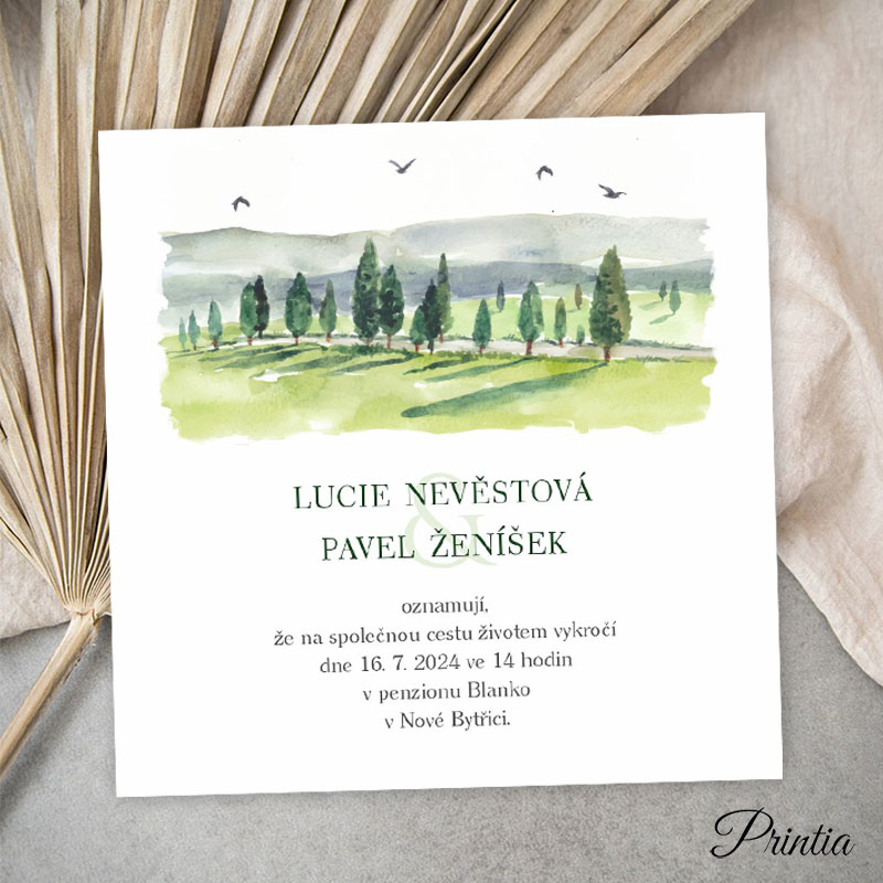 Wedding invitation with a path through the trees