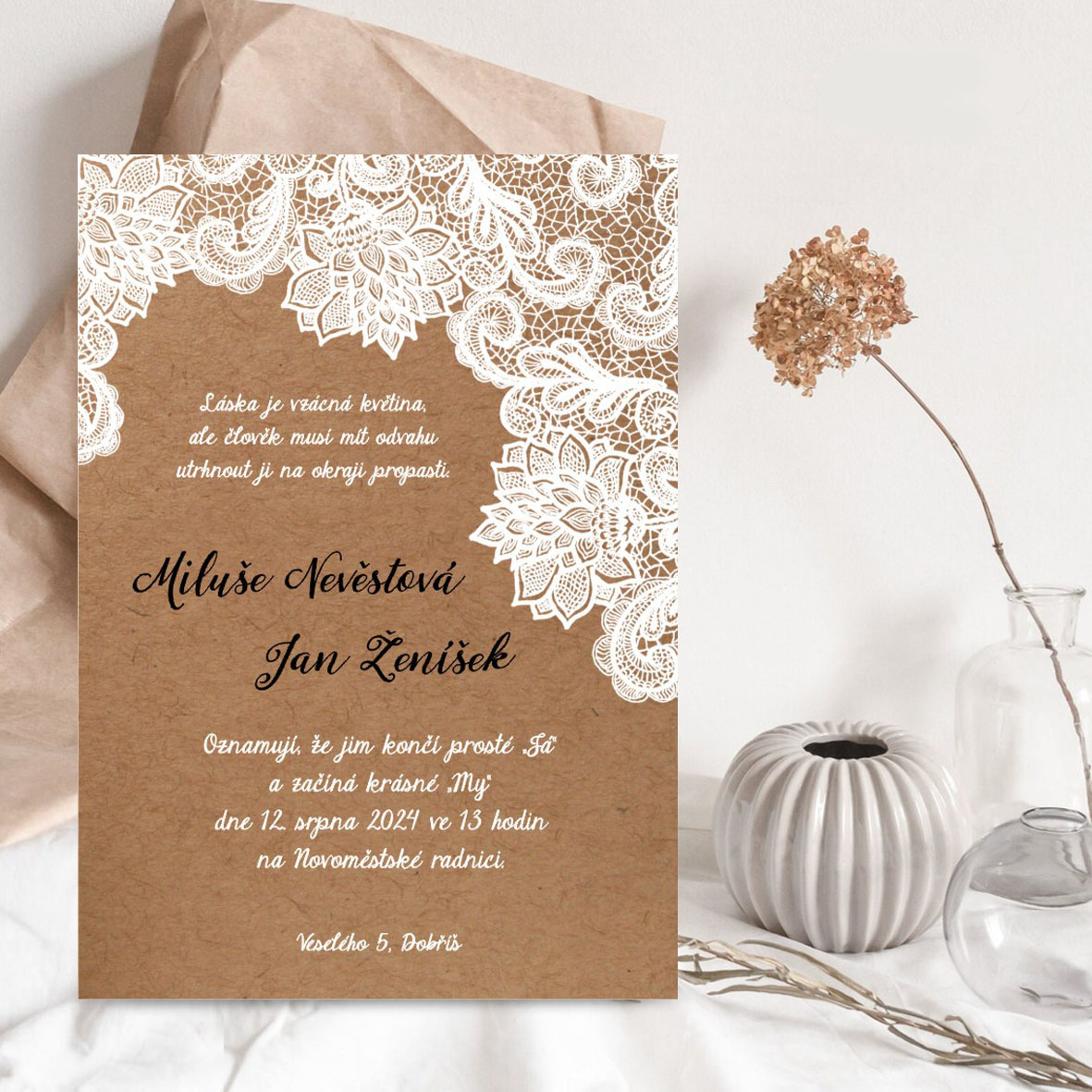 Lace Wedding invitation with the brown background