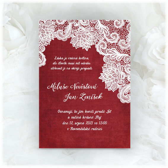 Wedding invitation with lace in burgundy 