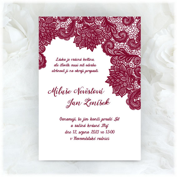 Wedding invitation with burgundy lace