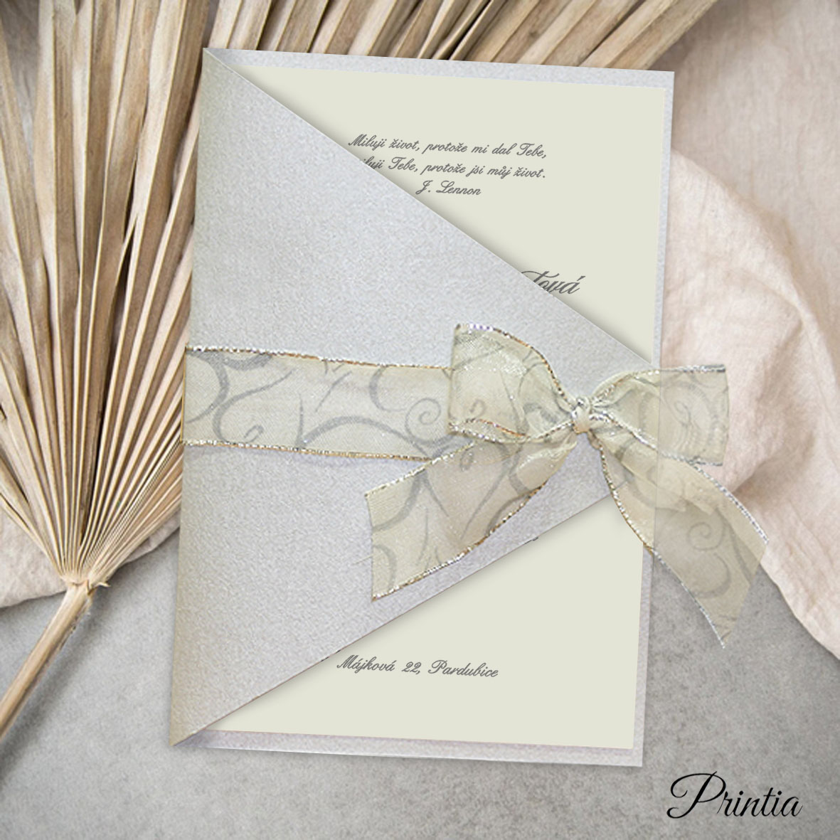 Silver Wedding Invitations with ribbon bow
