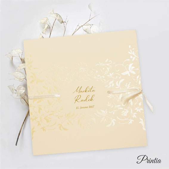  Opening elegant wedding invitation with cream shiny pearl ornaments