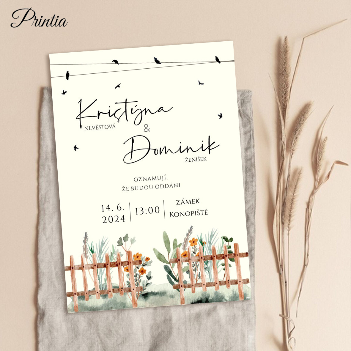 Wedding invitation with flowers behind the fence