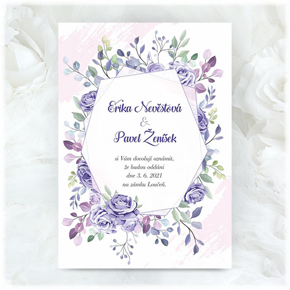 Wedding invitation with purple flowers