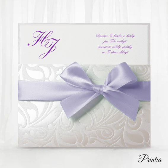 Elegantní luxusní svatební oznámení s fialovou stuhou