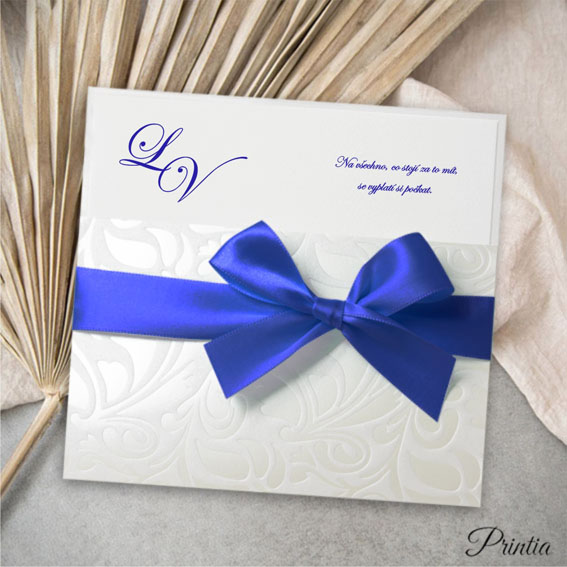 Wedding invitation with royal blue ribbon