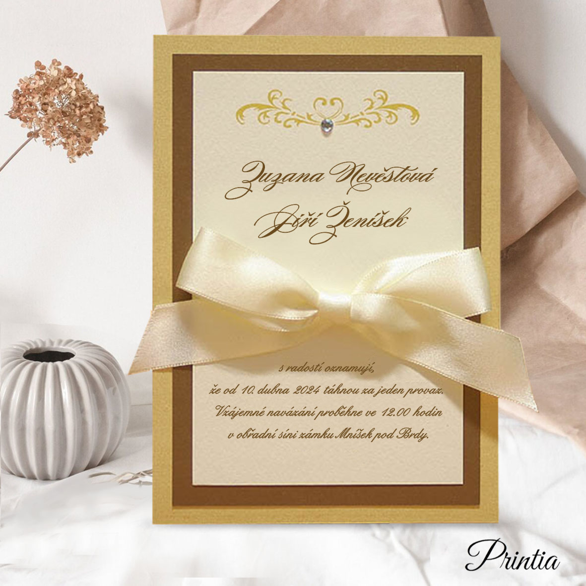 Golden Luxury Wedding Invitations with bow