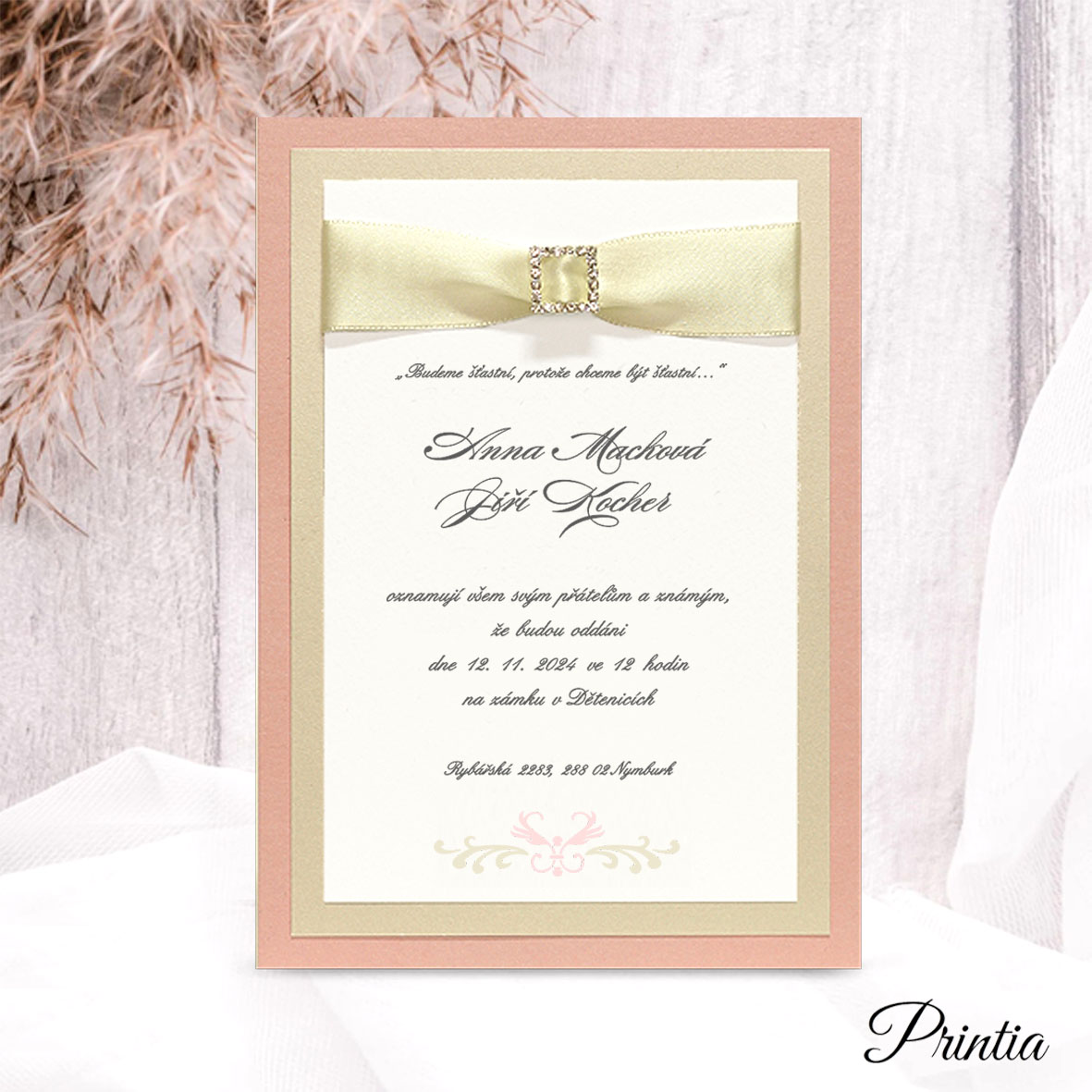 Rose Pink Wedding Invitations with buckle and ribbon 