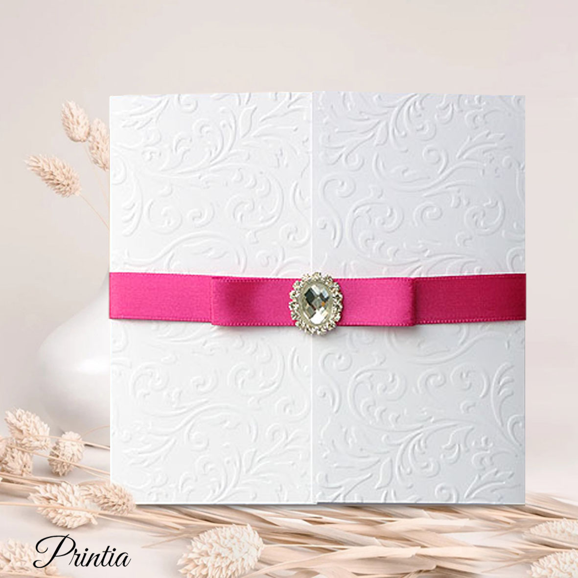 Wedding Invitations with buckle and pink ribbon bow