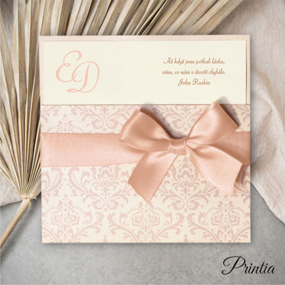 Luxury wedding invitation with apricot ribbon