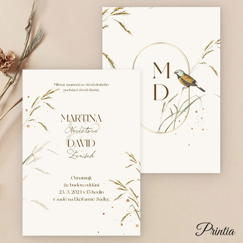 Double-sided wedding invitation with a bird
