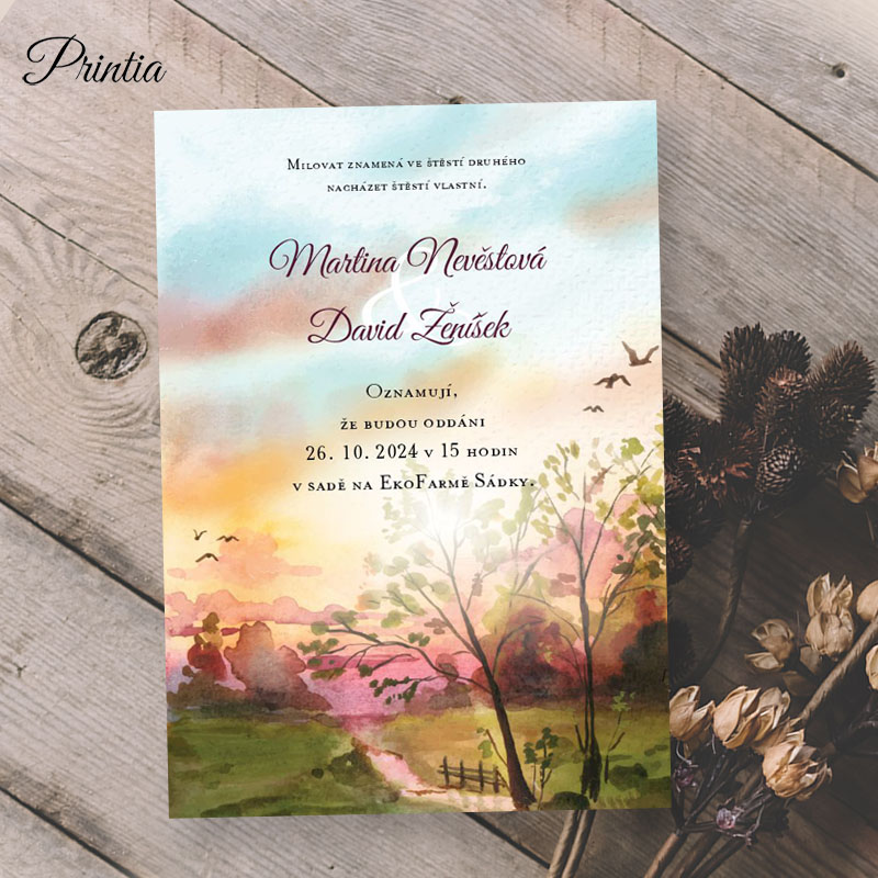 Wedding invitation with autumn landscape