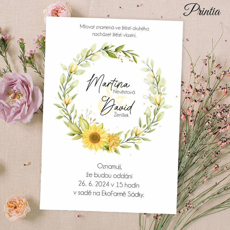 Wedding invitation with sunflower wreath