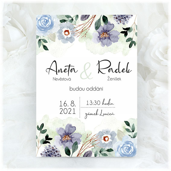 Wedding invitation with blue flowers