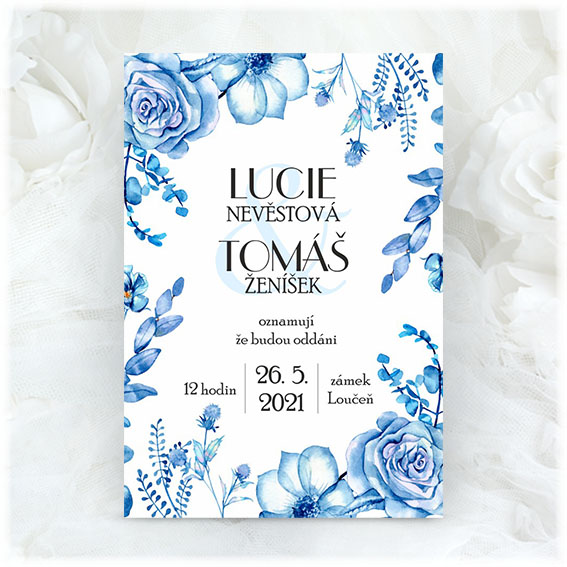 Wedding invitation with blue flowers