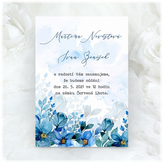 Svadobné oznámenie s modrými kvetmi