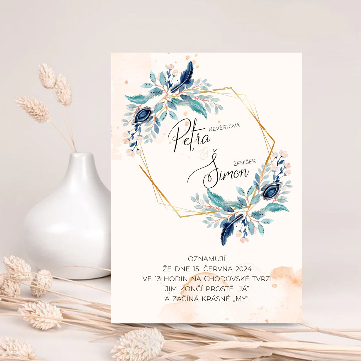 Svatební oznámení s tyrkysovými květy