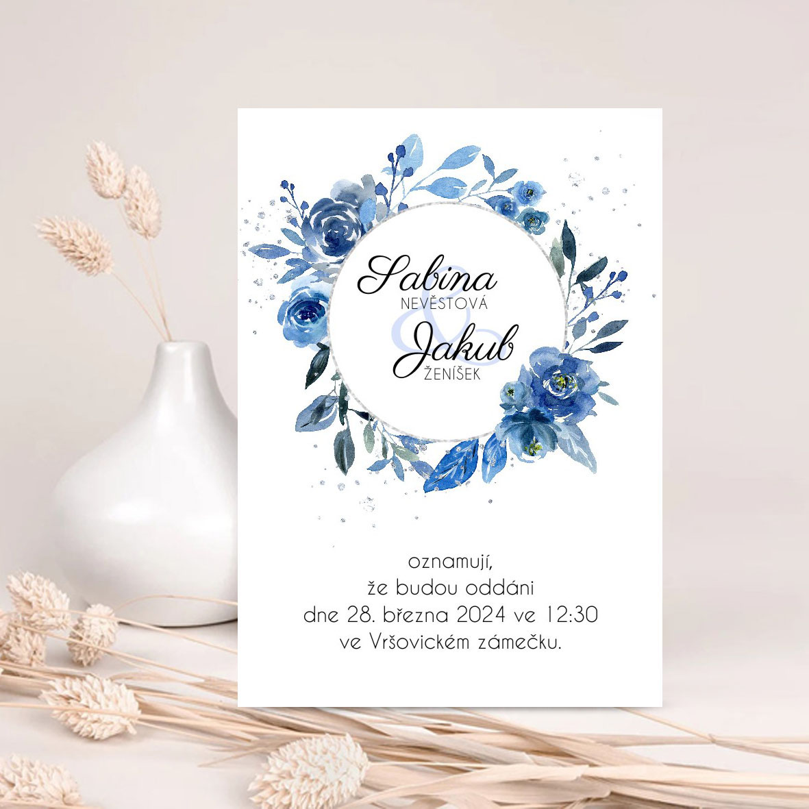 Blue floral wedding invitation