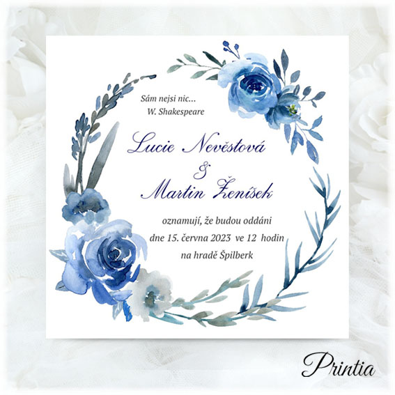 Wedding invitation with a circle of blue flowers 