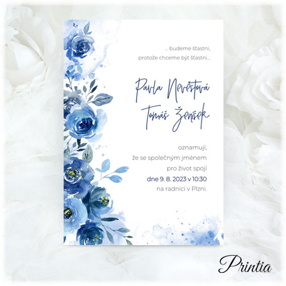 Wedding invitation with blue flowers 