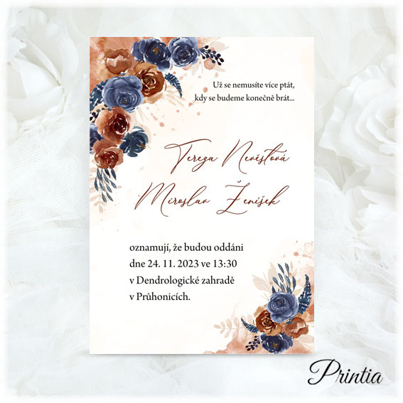 Svatební oznámení s modrými a hnědooranžovými květinami