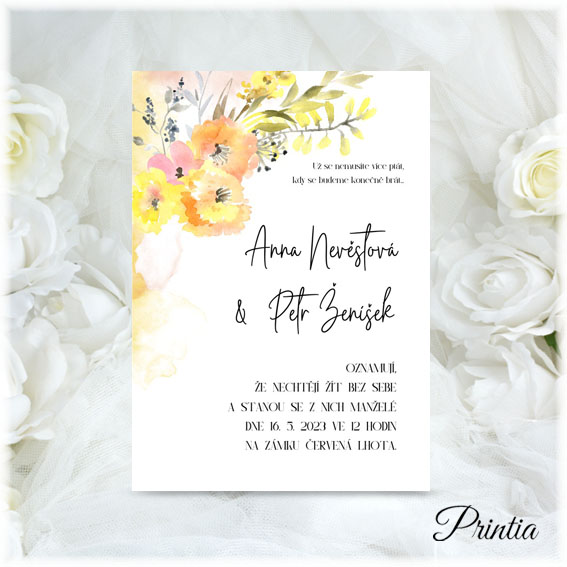 Svadobné oznámenia so žltými akvarelovými kvetinami