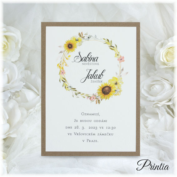 Wedding invitation with a wreath of yellow flowers
