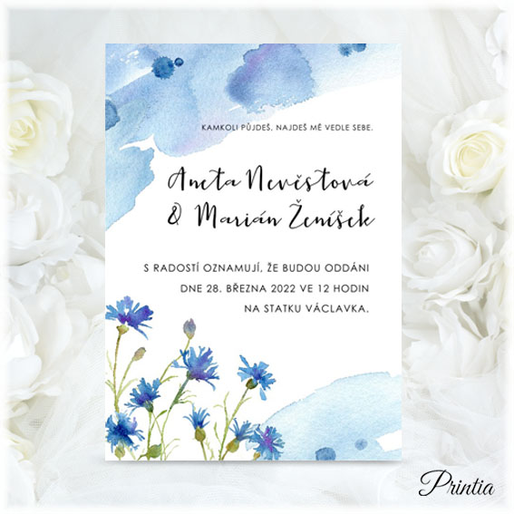 Wedding invitation with watercolor cornflowers