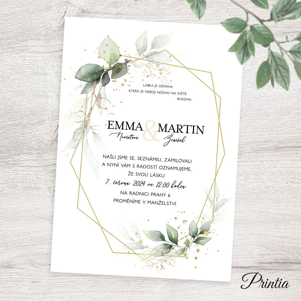 Geometric wedding invitation with leaves