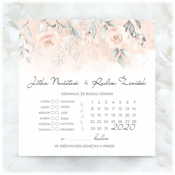 Delicate pink wedding invitation with calendar