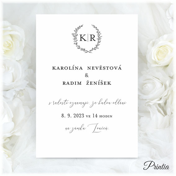 Wedding invitation with little wreath and initials of engaged couple