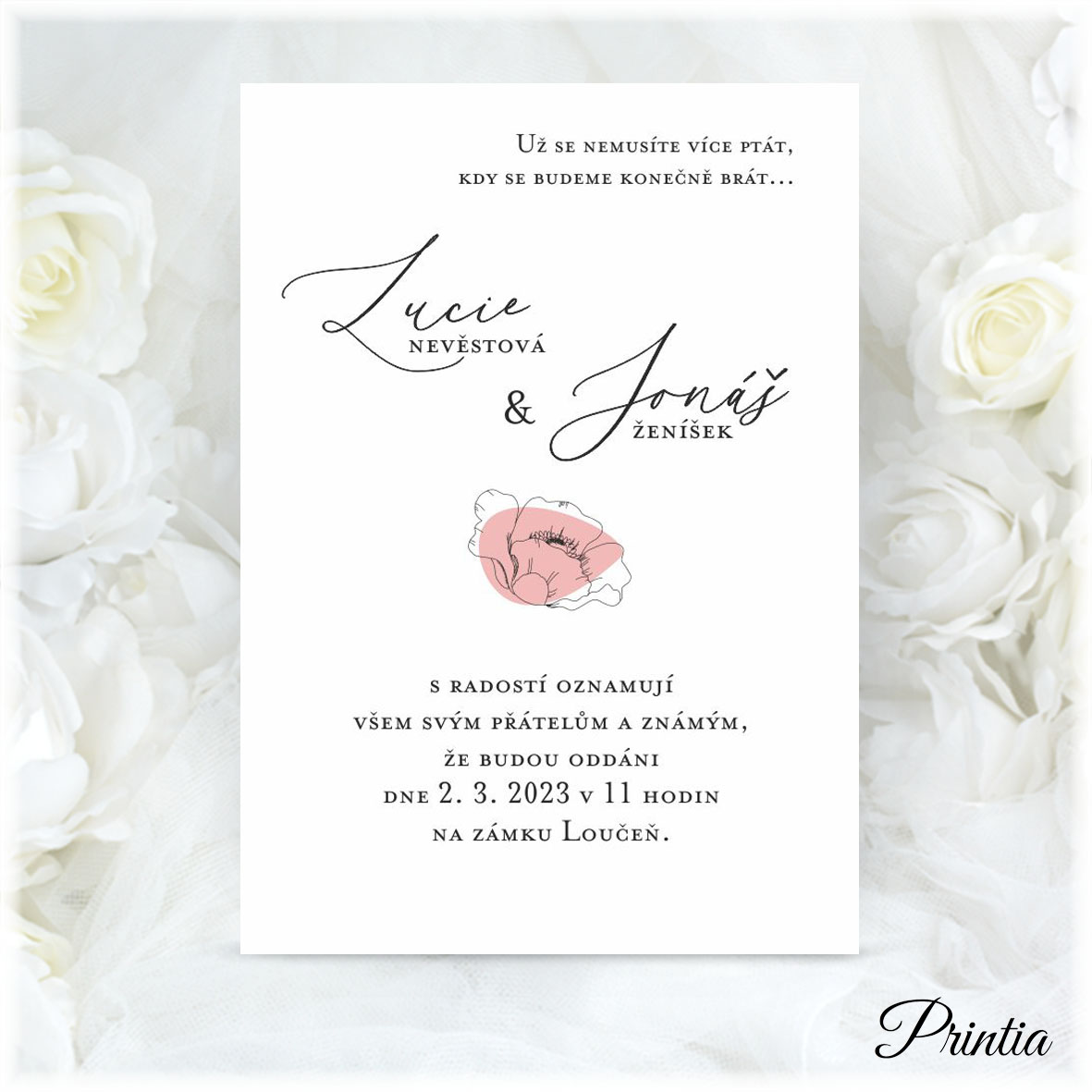 Modern wedding invitation with poppy