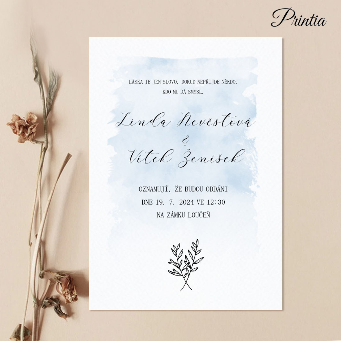 Wedding invitation with watercolor background and twig 