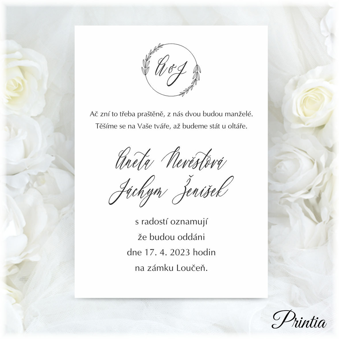 Wedding invitation with initials in a wreath
