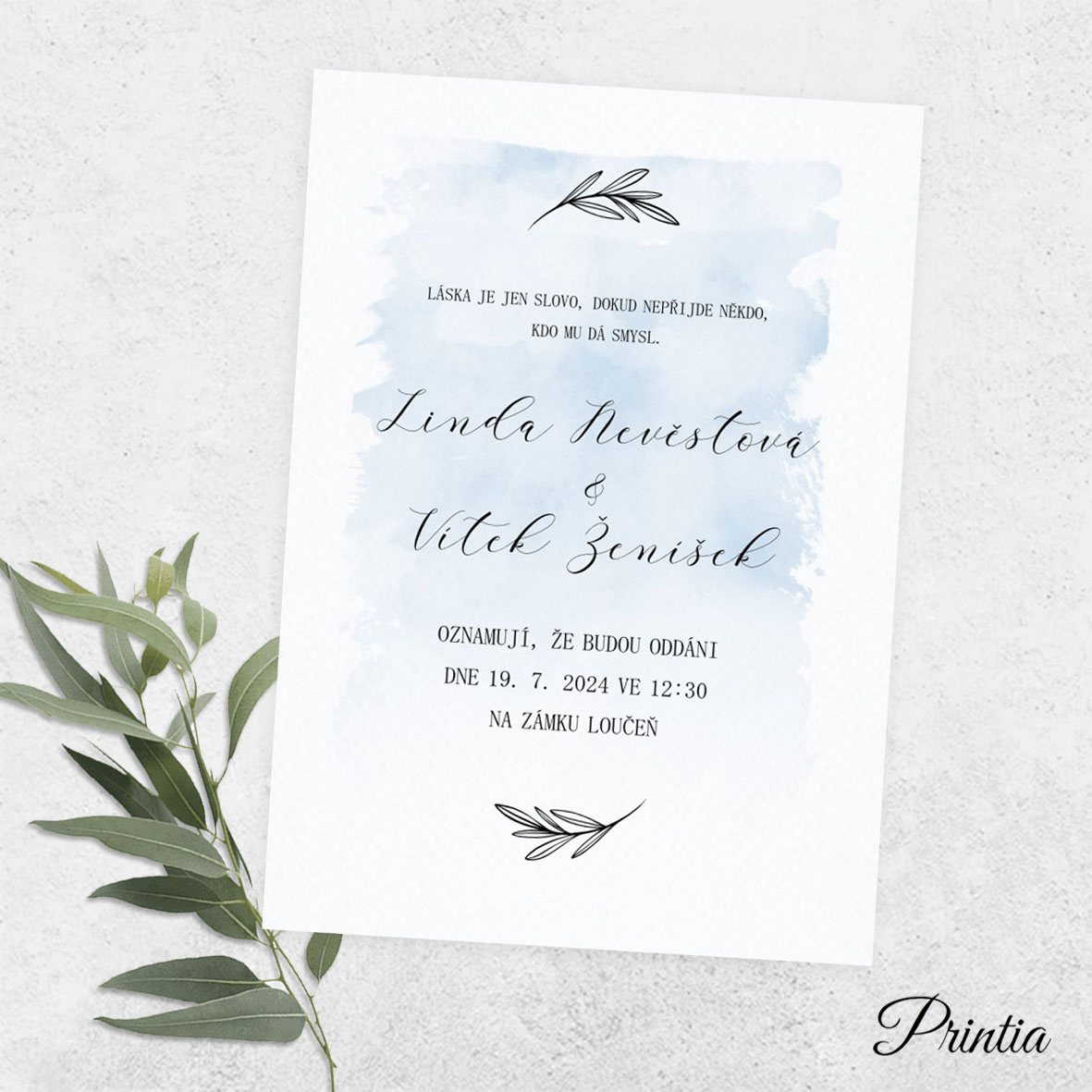 Wedding invitation with blue background and twigs
