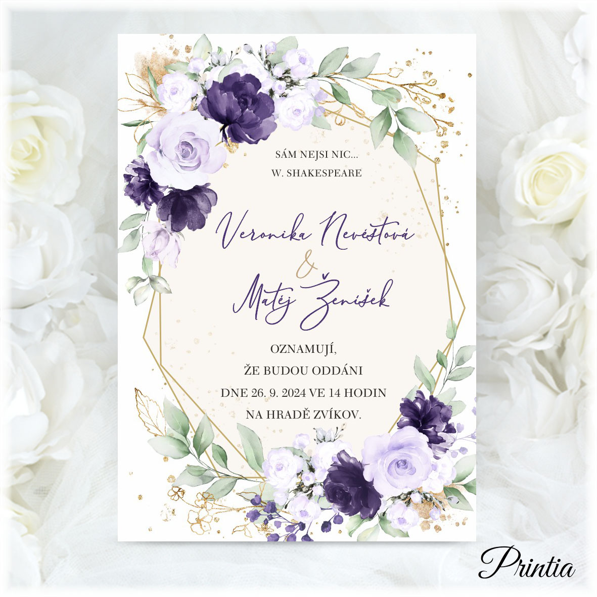 Wedding invitation with purple flowers