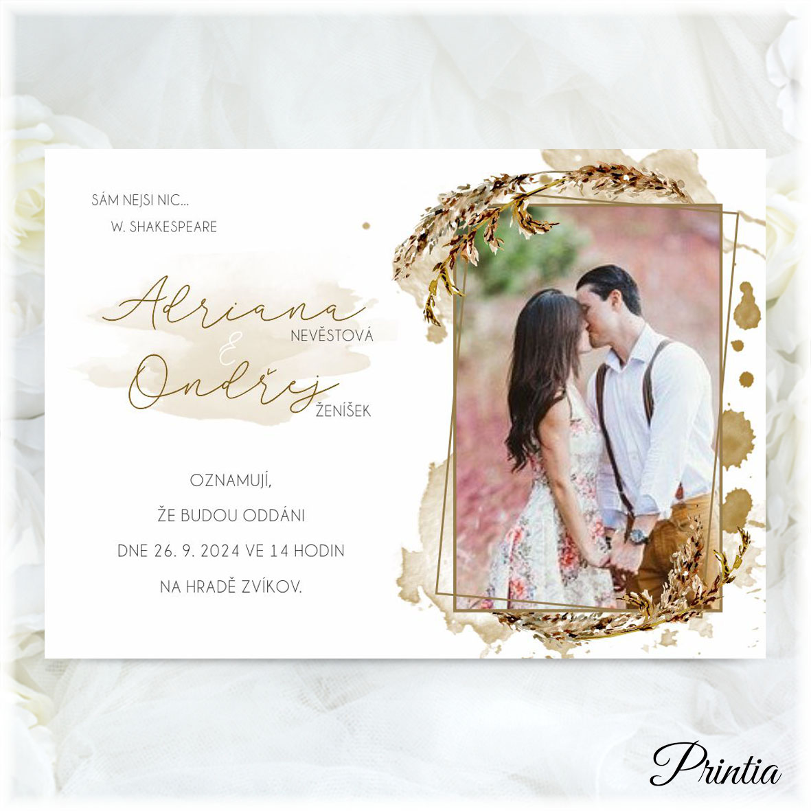 Floral wedding invitation with photo