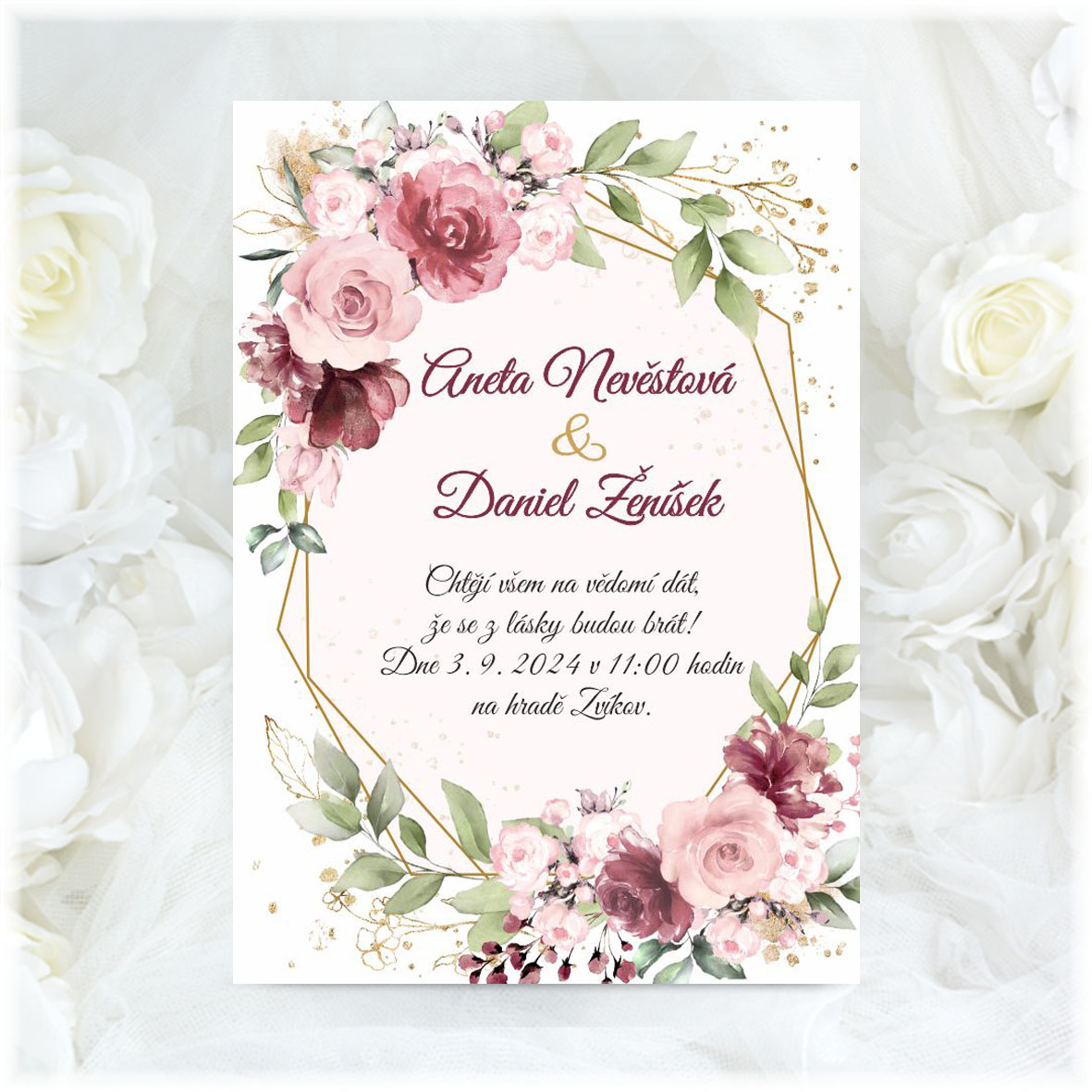Geometric wedding invitation with flowers