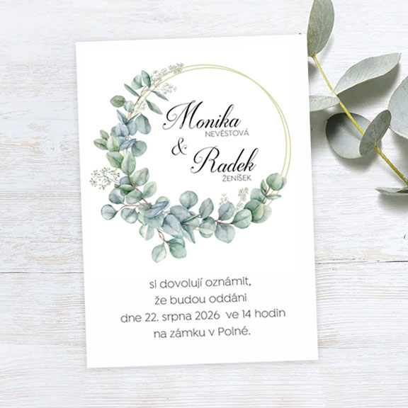 Wedding invitation with circle and eucalyptus