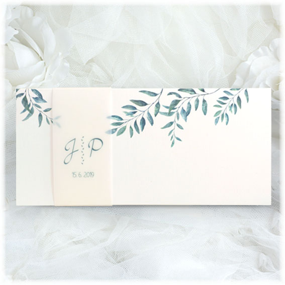 Wedding Invitation with Branches and Transparent Paper Strap