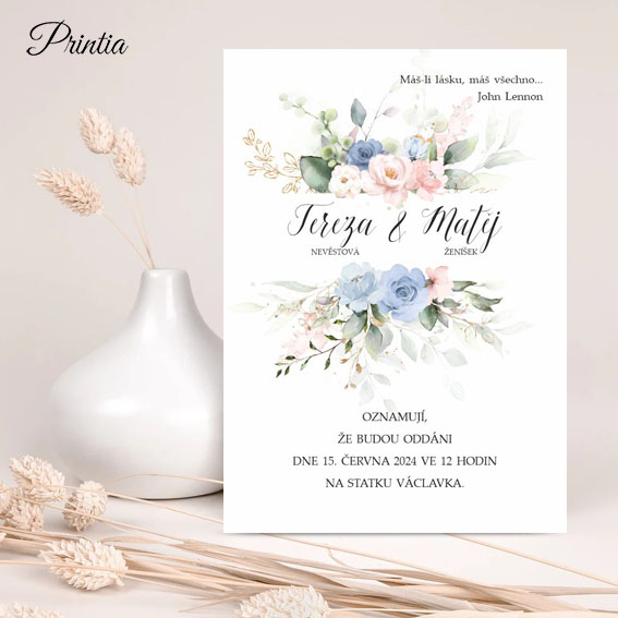 Wedding invitation with pink-blue flowers