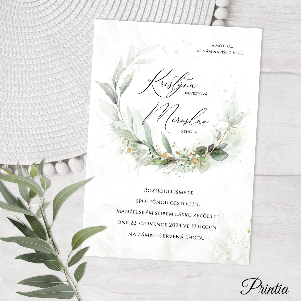 Wedding invitation with eucalyptus plant wreath