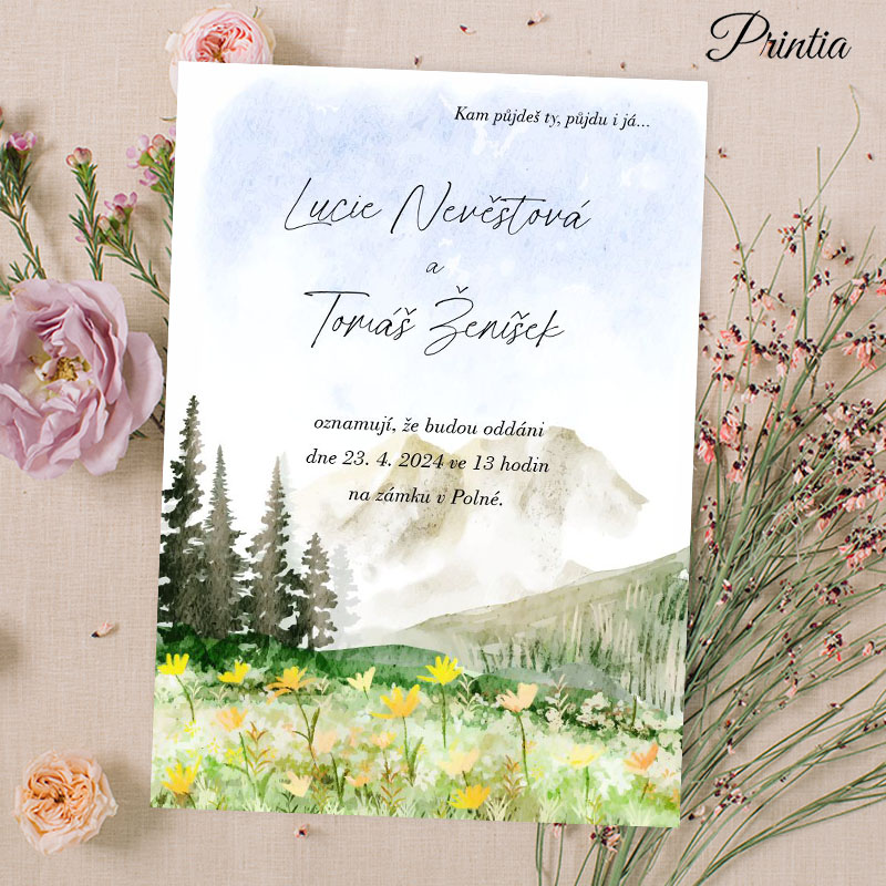 Wedding invitation with blooming meadow