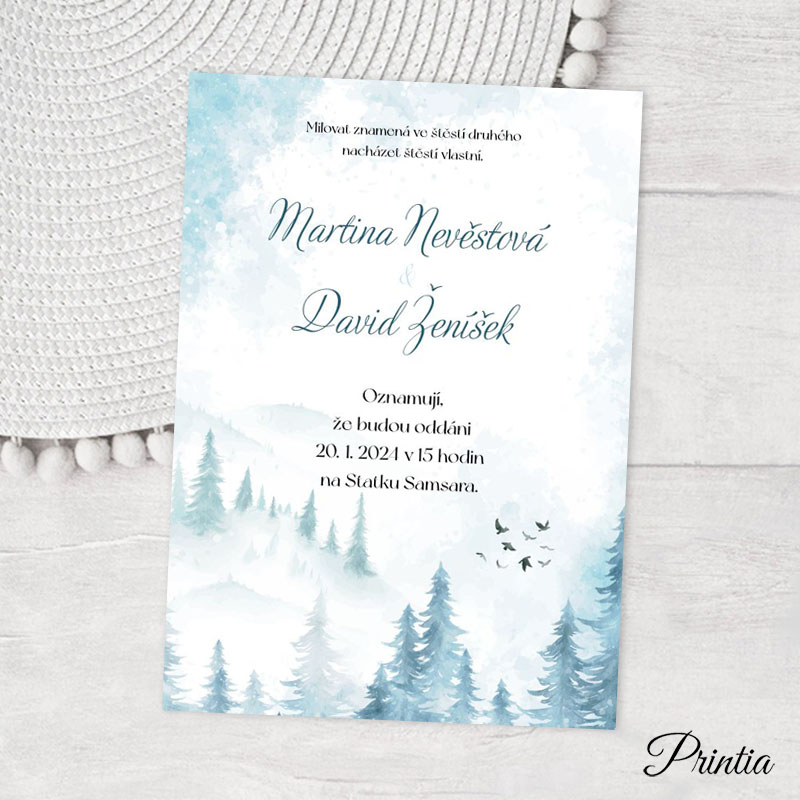 Wedding invitation with snowy landscape