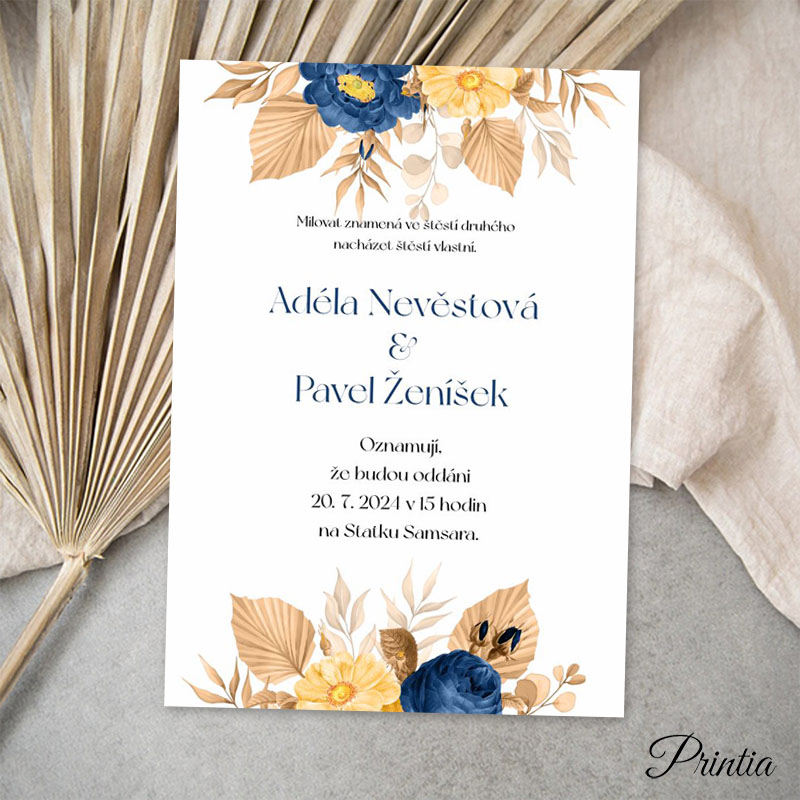 Wedding invitation with blue-yellow flowers