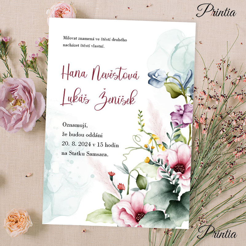 Wedding invitation with colorful flowers