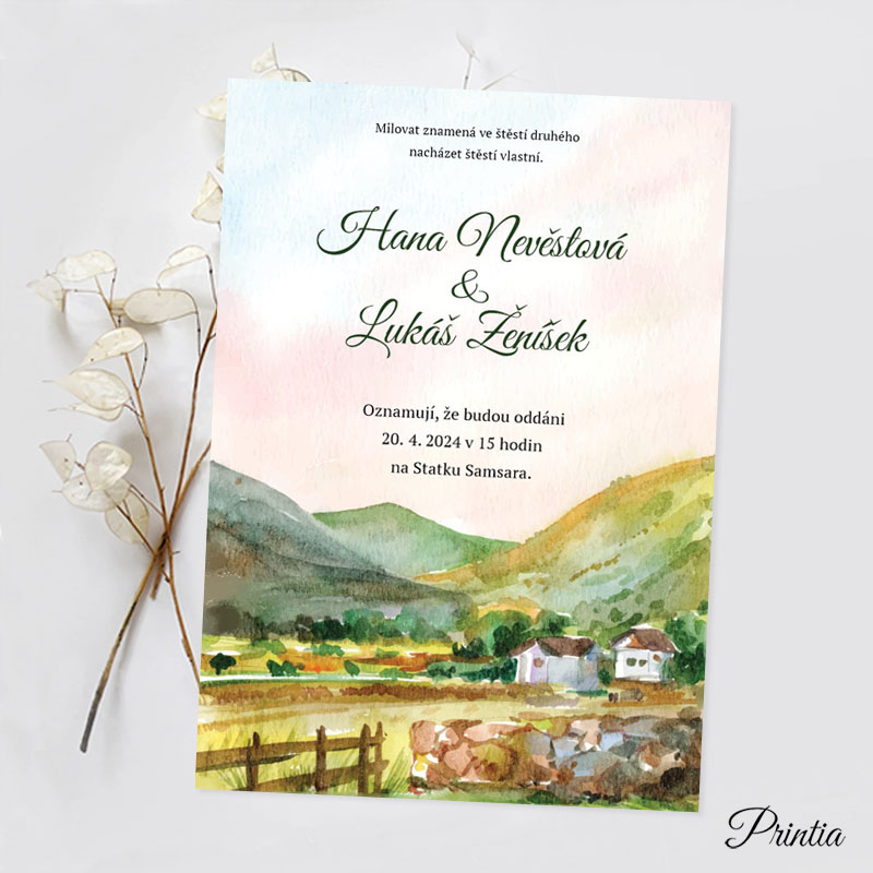 Wedding invitation with landscape and houses