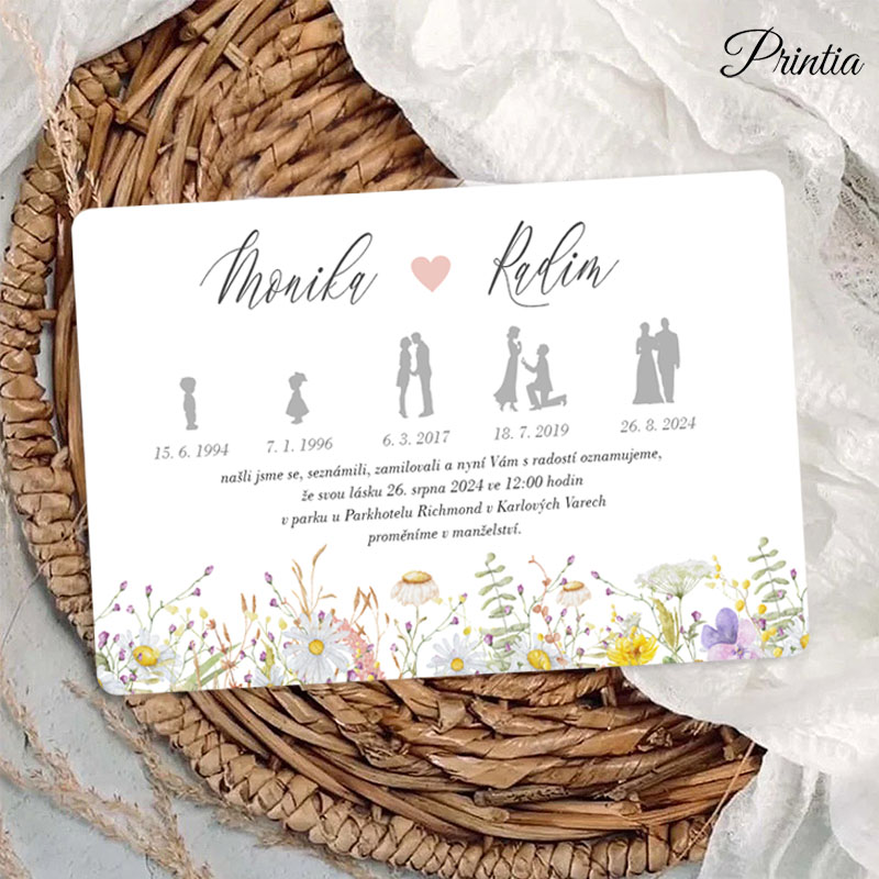 Wedding invitation with timeline and meadow flowers